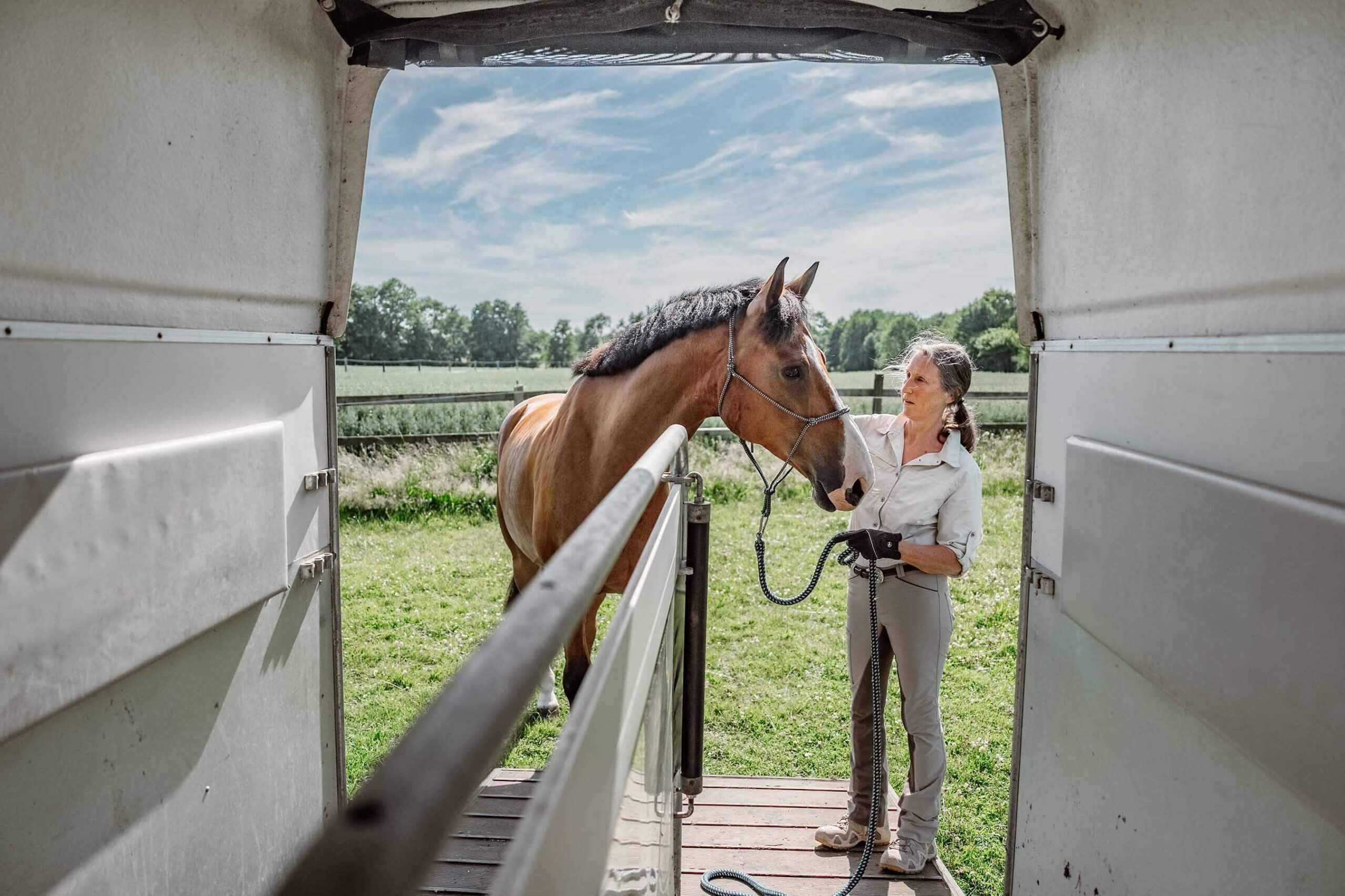 Anne Pobell beim Verladetraining mit Lucky. Sie steht dazu mit ihm auf der Rampe. Ganzheitliches Pferdetraining, Willkommen