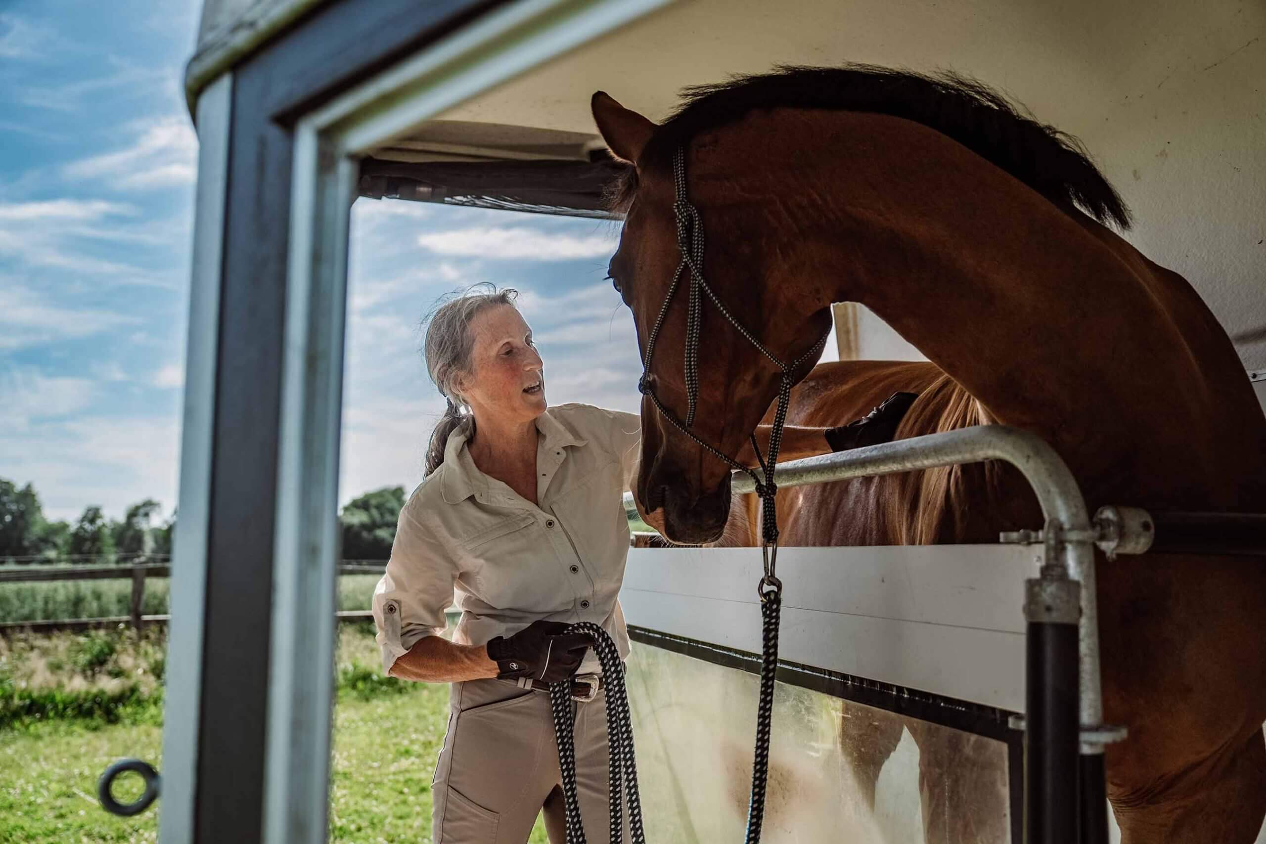 Stress freies Verladetraining mit Lucky. Anne Pobell streichelt ihn zur Entspannung im Hänger und gibt ihm Sicherheit. Ganzheitliches Pferdetraining, Philosophie