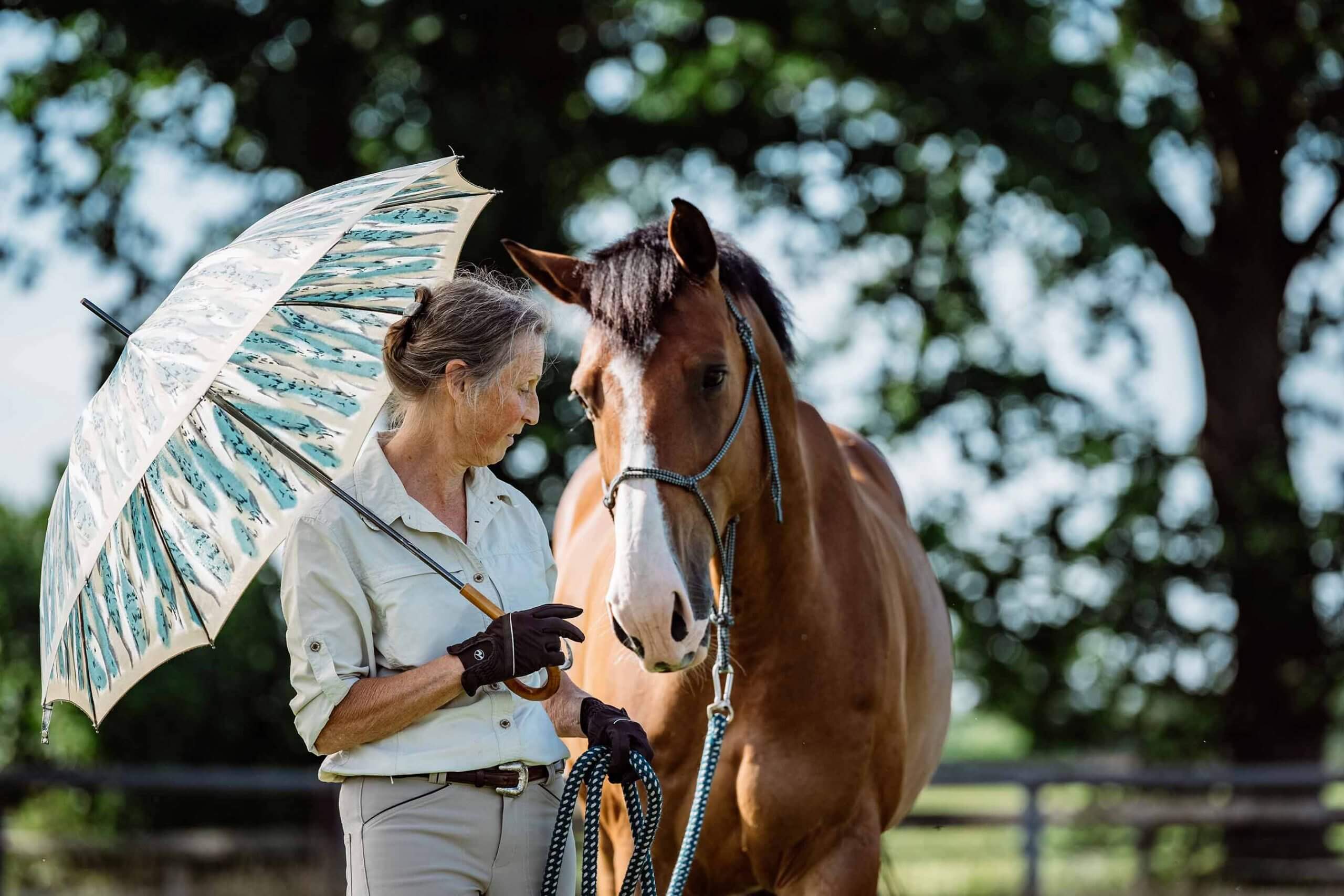 Anne Pobell bei der Bodenarbeit mit Gelassenheitstraining. Sie trägt einen Regenschirm und führt dabei Lucky am Strick. Ganzheitliches Pferdetraining, Willkommen